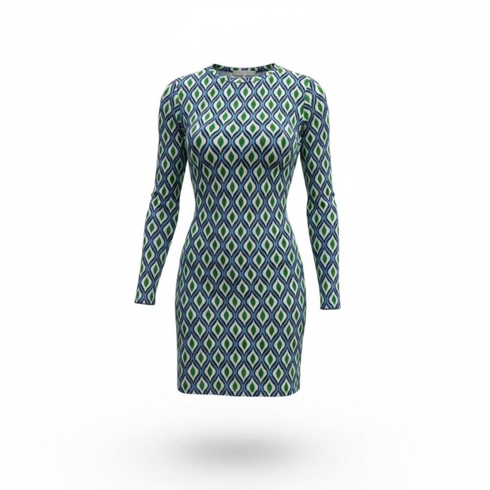 Zara Women's Geometric Print Long Sleeve Mini Dress Teal Navy Green Size S